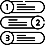 Black line art icon representing a numbered list or process layout with steps 1, 2, and 3.