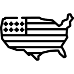 Black line icon of the United States map filled with the stylized pattern of the American flag.