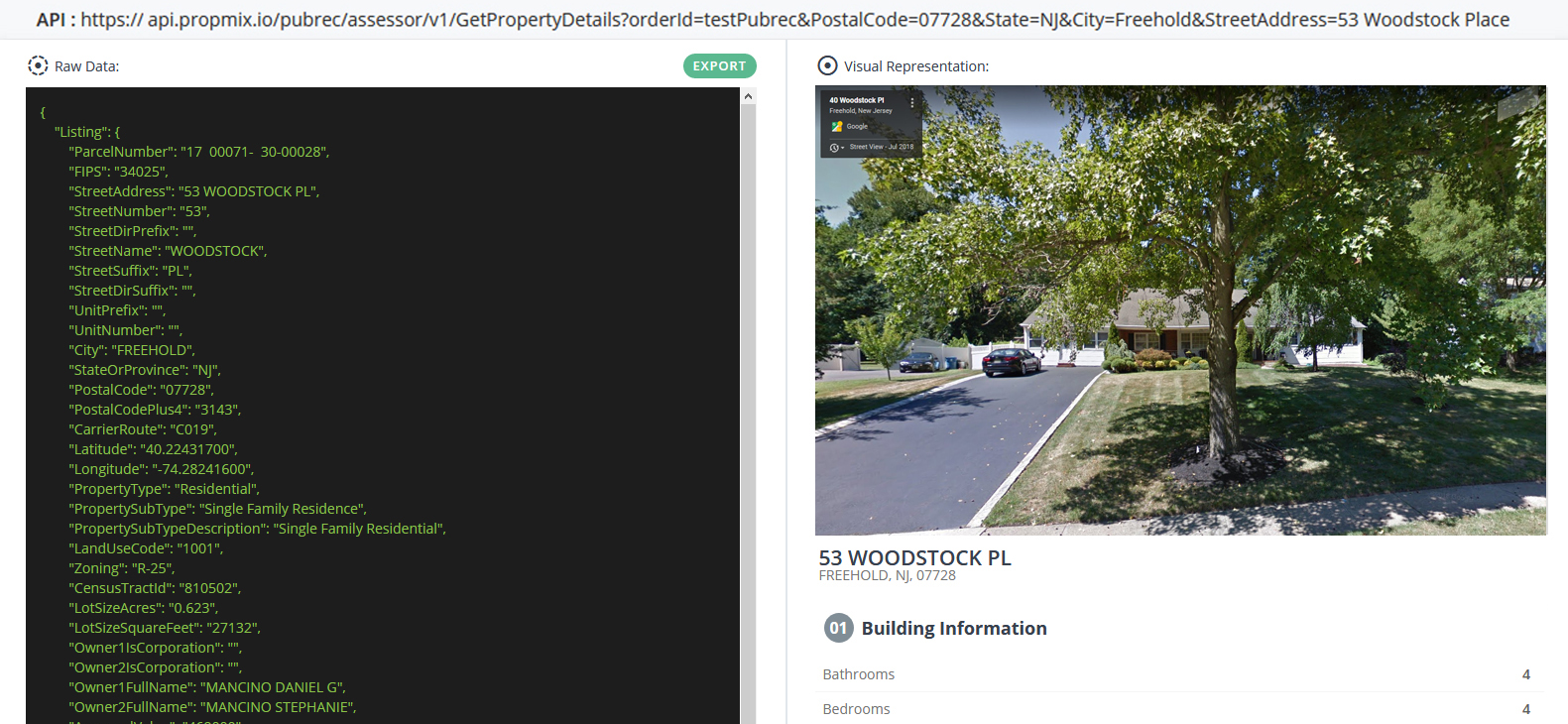 Property details API response with property image and assessment data